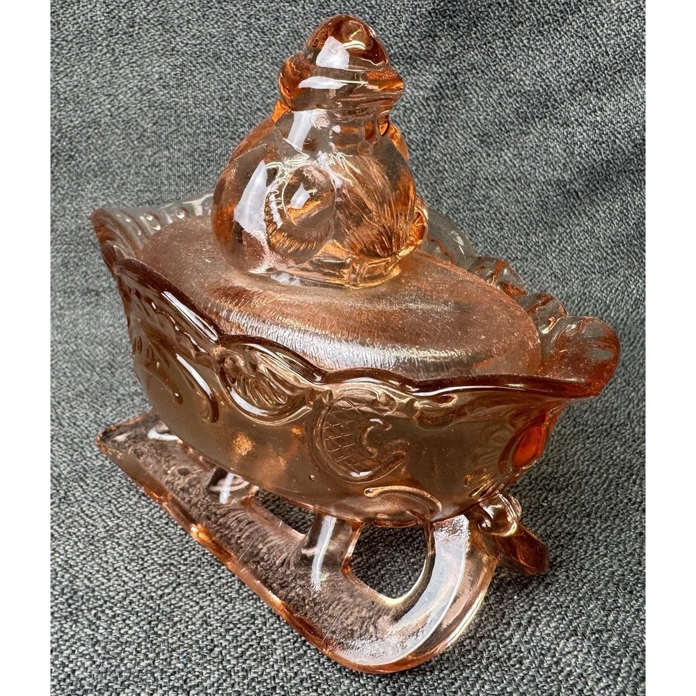 Westmoreland Vintage 50's Marked  Pink Depression Glass Santa Sleigh Dish & Lid